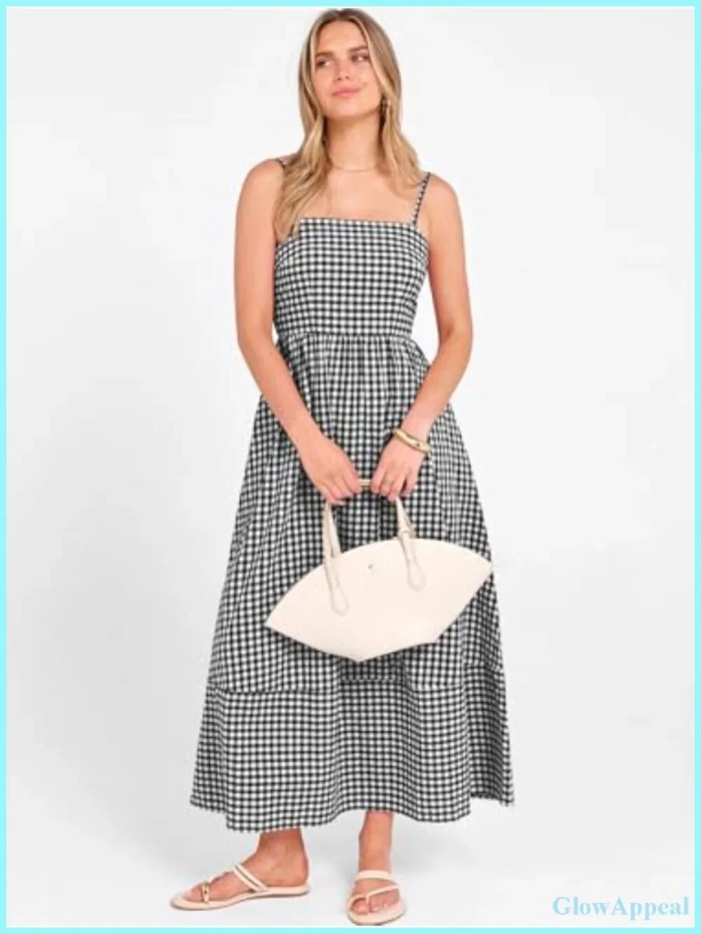 Womens Gingham Spaghetti Strap Smocked Back Flowy Maxi Sundress